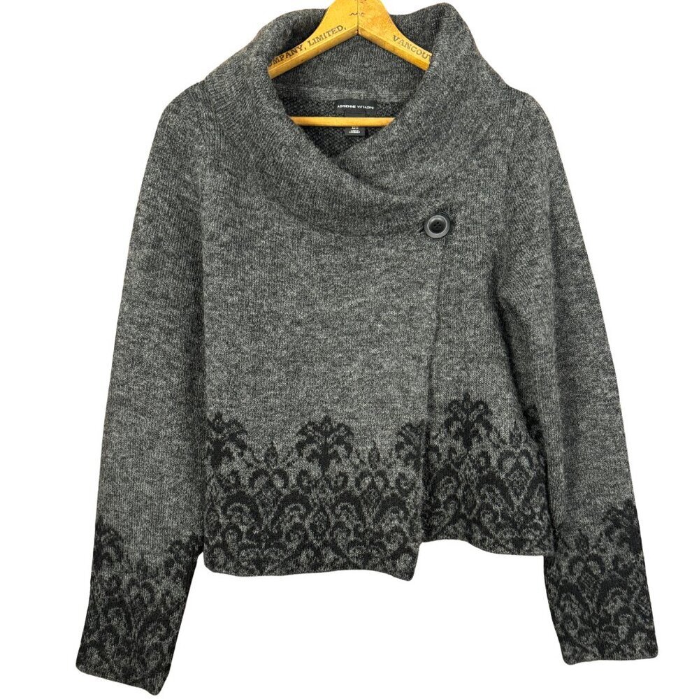 Adrienne Vittadini Gray Cowl-Neck Sweater – Asymmetrical Button Front, Damask